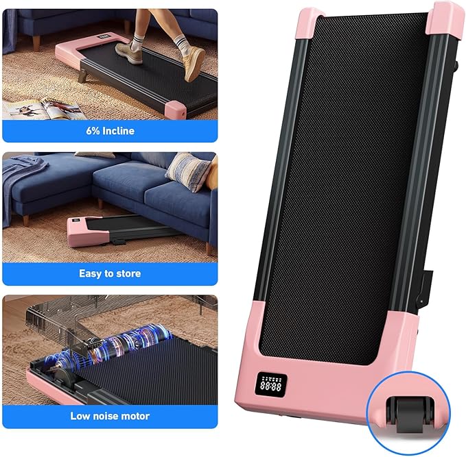 DeerRun Under Desk Walking Pad Treadmill for Home & Office, 6% Manual Incline, 2.5 HP, 0.6–3.8 MPH Walking Speed, 300 lb Capacity, App & Remote Control