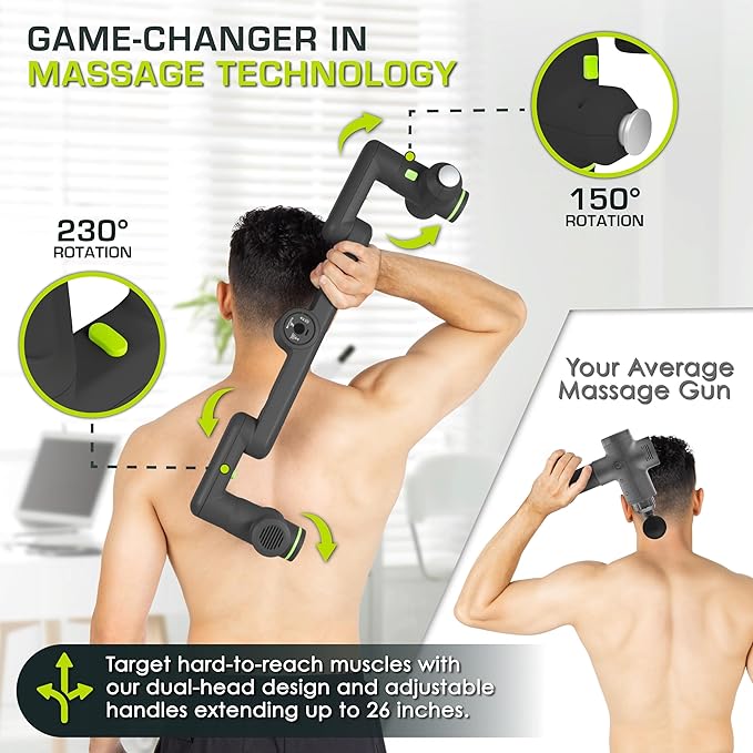 ProsourceFit Dual Pro Percussion Massage Gun, 6 Attachable Pieces for Deep Tissue Relief, Muscle Massager Gun with 4 Speed Levels, Adjustable Handles for Back Massage, and Quiet Portable Relief, Black