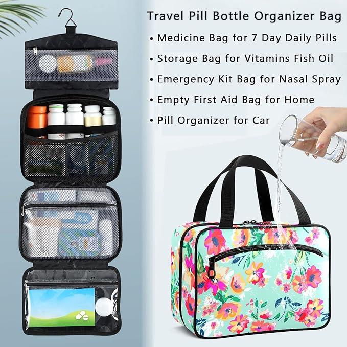 Naanle Pill Organizer Bag Travel Pill Bottle Medicine Organizer Home Storage Medication Bag for Vitamin Supplements, Watercolor Spring Flowers Empty First Aid Bag for Car Camping, 1.0 Count