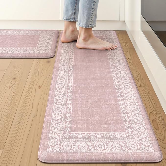 LEEVAN Pink Kitchen Mat Sets of 2,Anti Fatigue Cushioned Memory Foam Kitchen Mats for Floor,Farmhouse Ergonomic Waterproof Cute Boho Kitchen Floor Mat,Sink,Laundry,Home,Office(17''x29''+17''x47'')