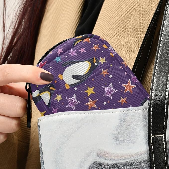 Fustylead Cute Penguin and Colorful Stars on Purple Background Pill Organizer for Purse, Weekly Portable Pill Box with Zipper to Storage Vitamins Fish Oils Medications Supplements