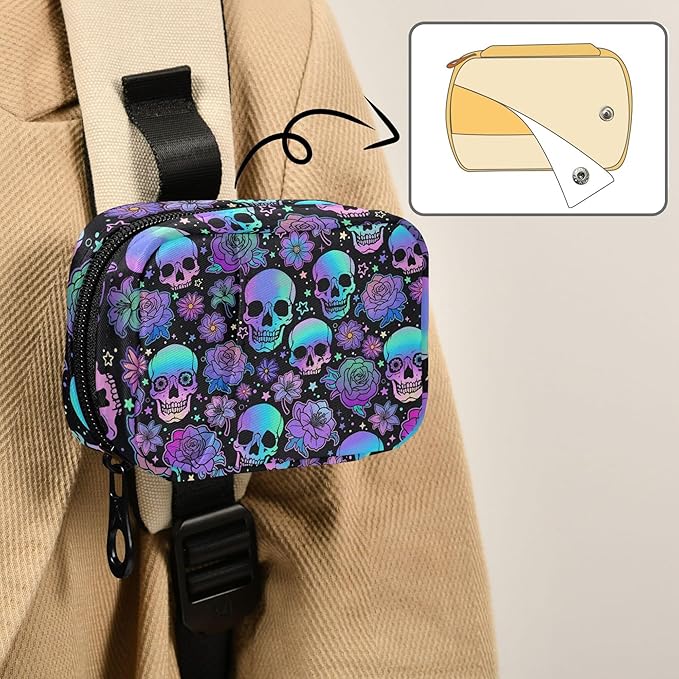 Travel Pill Organizer Bag Weekly Pill Organizer Case Goth Skulls Flowers Portable Small Daily Pill Boxes for Vitamin Fish Oils Supplement Holder with Zipper Compact Size