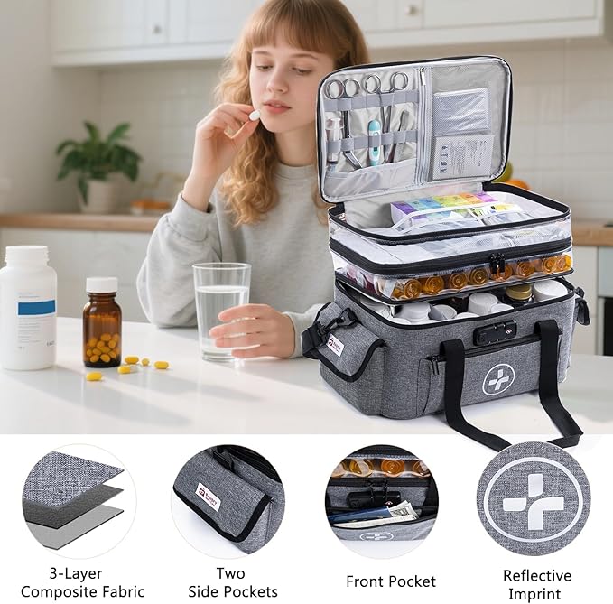 BAGSFY 3-Tier Medicine Organizer with Combination Lock – Large Medicine Bag, Empty First Aid Kit Case, Pill Bottle Medical Supply Organizer, Travel Prescription Bag, Medication Storage Container