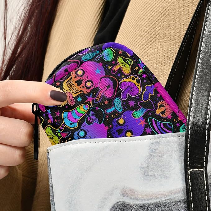 Pill Box Colorful Skull Mushroom 7 Day Pill Case Travel Pill Organizer Bag with Zipper Portable Weekly Vitamin Medicine Supplement Holder Pouch Bag