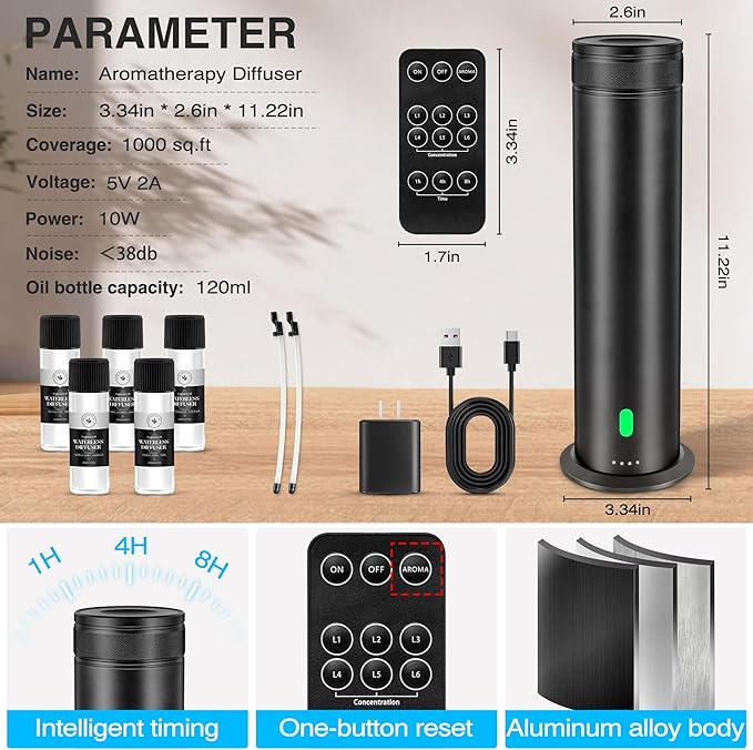 Waterless Scent Diffuser Starter Kit - Suitable for Home and Hotel Series Air Diffuser, 800 Square Inches of Coverage, 5 Kinds of Scented Essential Oils, Remote Control