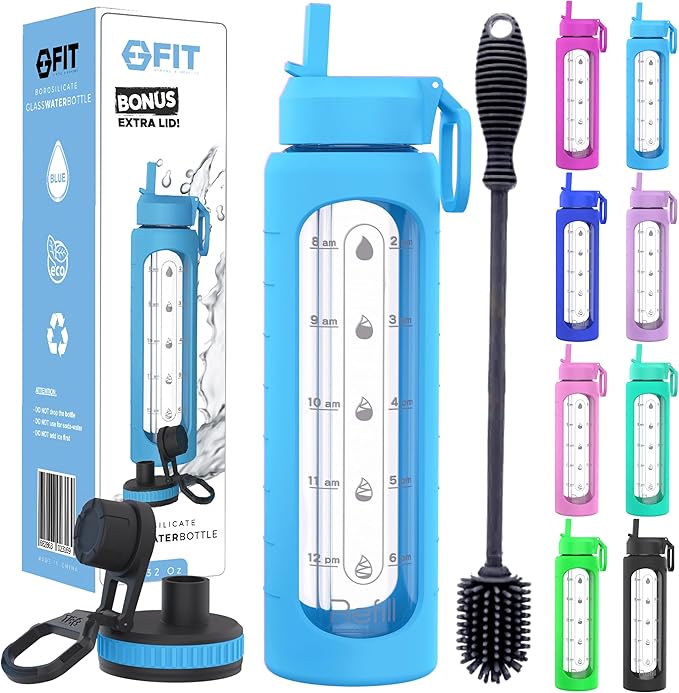 FIT Strong & Healthy 32 oz Glass Water Bottle with Straw Lid - Wide Mouth Borosilicate Glass Water Bottles with Time Marker, Silicone Sleeve & Extra Lid - 1L Large Motivational Drinking Bottle