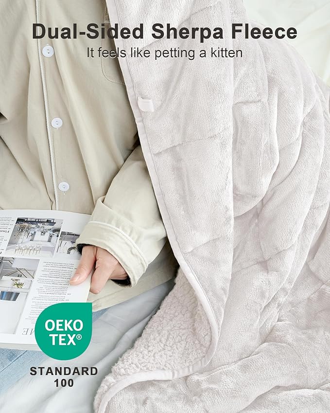 Ultra-Soft Weighted Blanket 15 lbs for Adults, Plush Sherpa Fleece Reversible Weighted Throw Comfort for Relaxation & Cozy Evenings, Hug-Like Security, Evenly Distributed, W60 x L80, Cream White