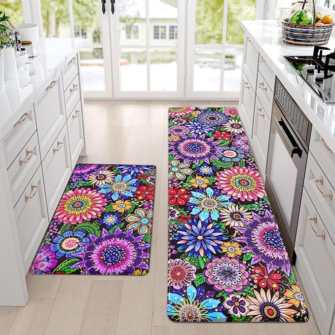 Likiyol Boho Kitchen Rugs, Boho Floral Anti Fatigue Kitchen Mat for Floor, Bohemian Flowers Non Slip Washable Kitchen Floor Mats, Comfort Standing Mat, 18'' x 30'' + 18'' x 60'', Floral