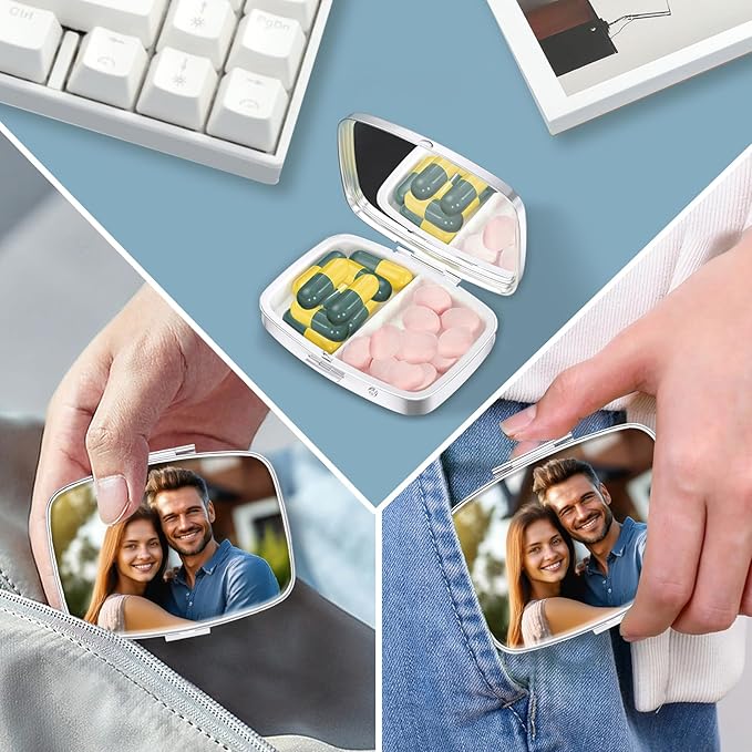 Custom Pill Box with Picture Portable Pill Box for Purse or Pocket Mini Metal Pill Case Travel Pill Container Gifts to Hold Vitamins Medication Fish Oil and Supplements