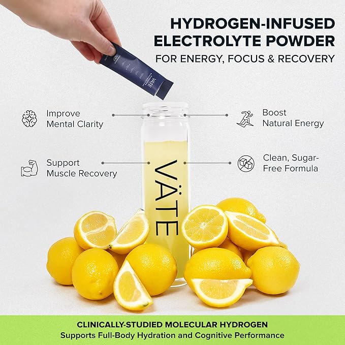 VATE Hydrogen Water + Electrolytes Powder Packets, 8 PPM Molecular Hydrogen + Electrolytes for Hydration, Focus & Recovery, Packets with Magnesium, Potassium, Vitamin C, 30 Count - Lemon