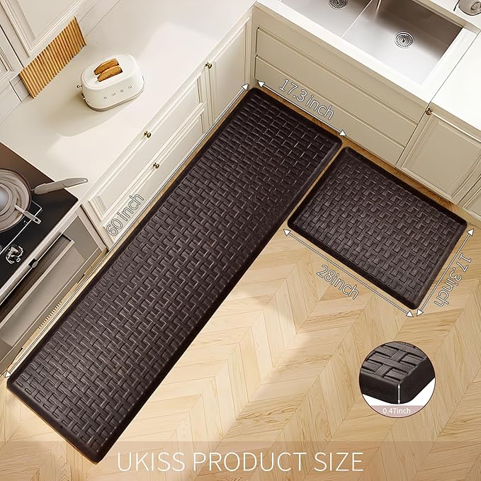 2PCS UKISS Kitchen Rugs, Cushioned Anti Fatigue Kitchen Mats for Floor, Waterproof Kitchen Rug，Non-Slip Comfort Standing Mat for Kitchen, Floor Home, Office, Sink, Laundry,17.3"x28"+17.3"x60",Brown