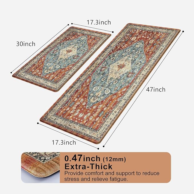 Collive Boho Kitchen Mats 2PCS, Cushioned Kitchen Mat for Floor Anti Fatigue Waterproof Kitchens Rugs Set of 2, Non Skid Comfort Standing Rug for Office, Sink, Laundry, 17.3"x29"+17.3"x47"