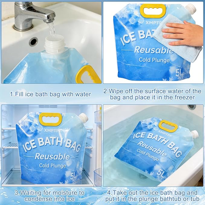 4 Pack Ice Bath Bags, Reusable Cold Plunge Tub Accessories, Portable Bathtub Freezer Water Bags with Handle for Home Outdoor Bathtub Bucket