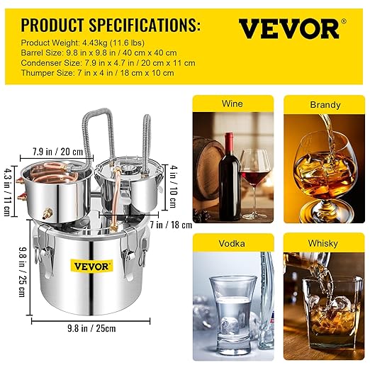 VEVOR Alcohol Still, 3 Gallon, Stainless Steel Alcohol Distiller with Copper Tube & Build-in Thermometer & Water Pump, Double Thumper Keg Home Brewing Kit, for DIY Whiskey Wine Brandy