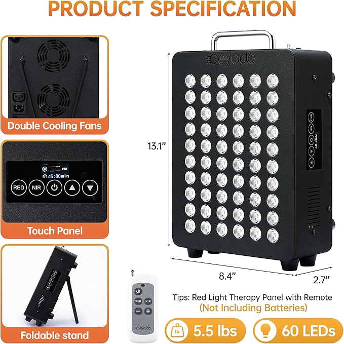Red Light Therapy for Body, 4 Chip Infrared Light Therapy Panel with Near-Infrared Light 630nm 660nm 850nm 940nm, 138W High Power 60 LED Red Infrared Light Device, Includes Hanging Kit & Handle,Black