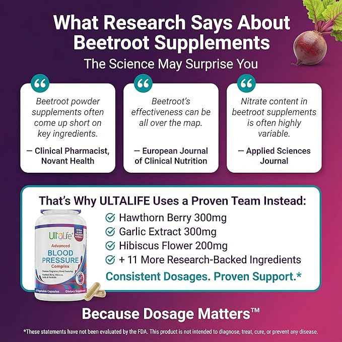 ULTALIFE Blood Pressure Supplements - Advanced Blood Pressure Supplement Complex - Hawthorn Berry, Hibiscus, Garlic, Forskolin - 14 Vitamins & Herbs, 30 Day Supply in Veggie Capsules