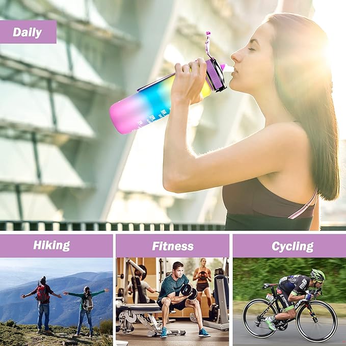 Motivational Water Bottle with Time Marker - 32oz, Leak-proof BPA Free Sports Water Bottles with Straw & Carrying Strap