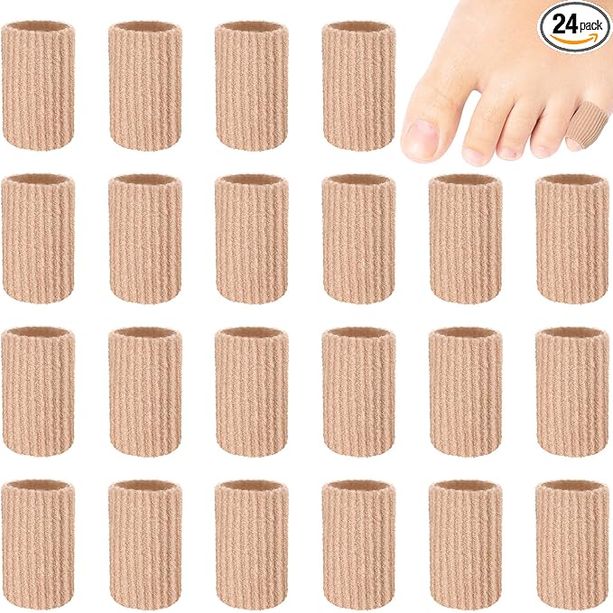 Blulu 24 Pieces Toe Tubes 0.98 Inches Cushion Tube Corn Pads for Toes Sleeves Soft Gel Protectors for Cushions Corns Blisters Calluses 3 Size (Skin Color,X-Small)