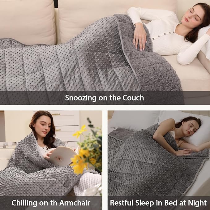Minky Dot Weighted Blanket for Adults Twin Size 15 lbs, Soft Cozy Heavy Blanket for Stress Relief and Sleep Promotion, Warm Blanket for Autumn Winter with Glass Beads, Grey 48 x 72 inches