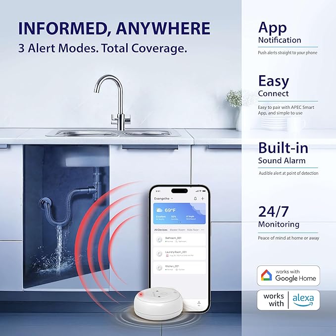 APEC WATER WiFi Water Leak Detector for Home, App Connected get Real-Time Alerts, Highly Reliable Dual Sensor Wet Moisture Detection (3PK)