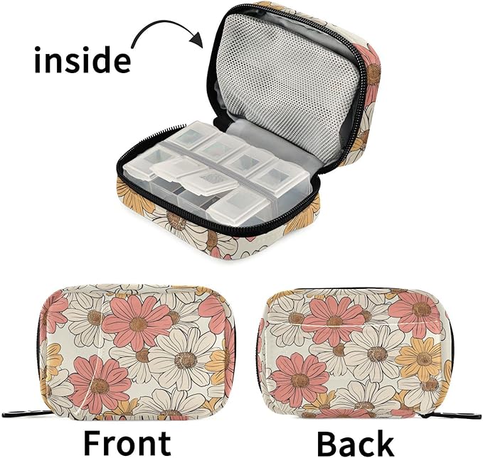 Fustylead Hand Drawn Retro Groovy Daisy Flowers Pill Organizer for Purse, Weekly Portable Pill Box with Zipper to Storage Vitamins Fish Oils Medications Supplements