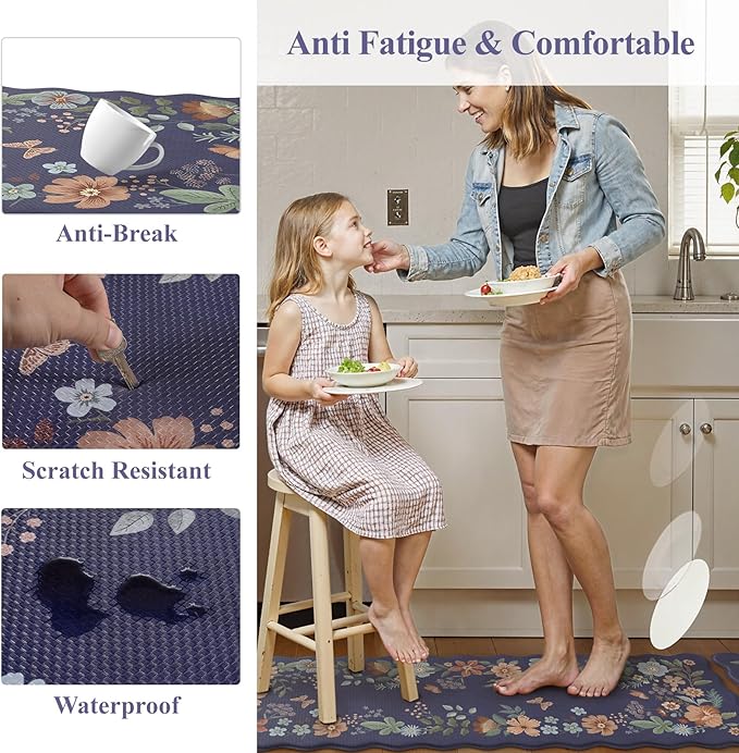 Collive Anti Fatigue Mats for Kitchen Floor, Scalloped Waterproof Kitchen Rugs Sets of 2 Non Skid Floral Desk Rug, Comfort Memory Foam Standing Mat for Office, Sink, Laundry, Blue