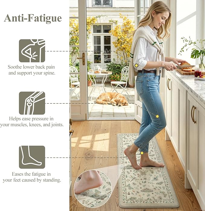 LEEVAN Anti Fatigue Mats for Kitchen Floor Non-Slip, Cushioned Kitchen Mats for Floor 2 Piece, Tan Memory Foam Kitchen Mat Set, Waterproof Ergonomic Standing Mat for Bar, Office,Desk, Laundry