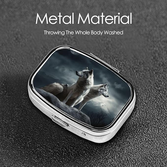 Square Pill Box 2 Compartment Medicine Pill Case Wolf at Night Pill Box for Purse Pocket Waterproof Metal Pill Container Portable Pill Holder Mini Pill Organizer for Travel or Daily