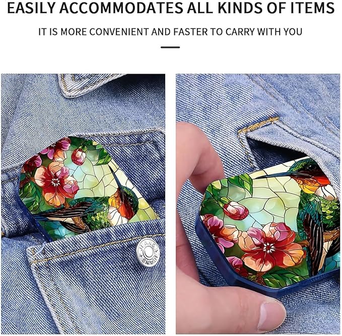 This Portable Vintage Stained Glass Hummingbird Pattern 6-Compartment Pillbox Can Be Placed in A Pocket Or Wallet to Store Vitamins, Medicines Fish Oil Health Supplements Other Medications.