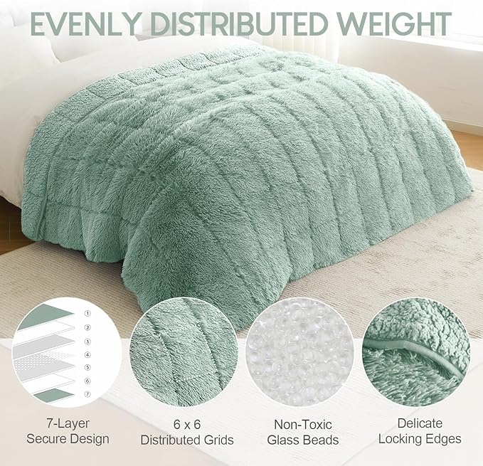 Cottonblue Adults Weighted Blanket 15lbs 60x80 inches for Queen Bed, Faux Fur Sherpa Weighted Blanket for Sofa Couch Bed, Plush Cozy Bed Blanket with Glass Beads for Calm and Relax,Sage Green