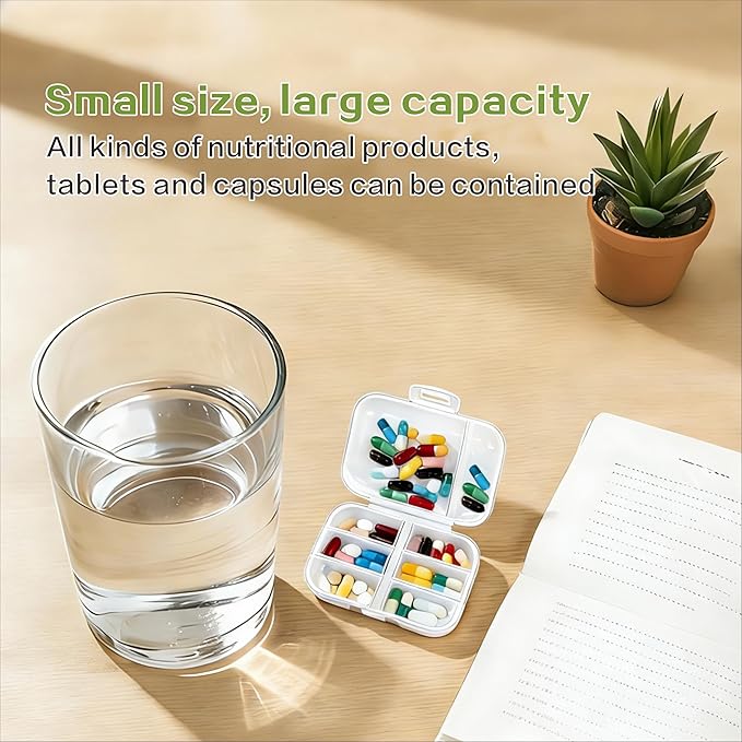 8-Compartment Portable Pill Organizer, 7 Small + 1 Large Grid Sealable Medicine Case, 11x8x3cm PP Pill Box for Travel & Daily Use