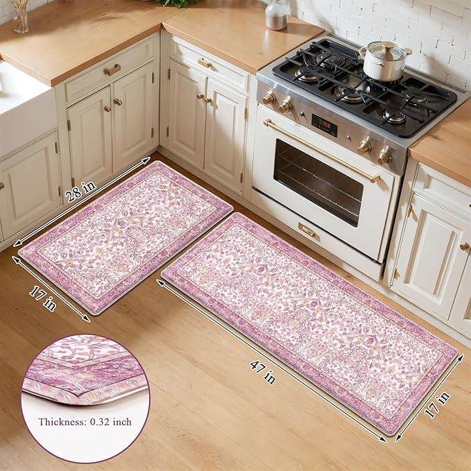 U'Artlines Kitchen Anti Fatigue Mats Sets of 2,Double-Sided Print Kitchen Mat Cushioned Comfort Standing Waterproof PVC Rugs,Pink Floral Rugs for Laundry Office Desk Sink(17"x28"+17"x47")