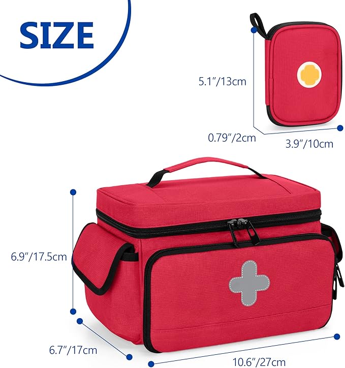 CURMIO Medicine Storage Bag Empty, Lockable Pill Bottle Organizer with Portable Zippered Pouches for First Aid Kits, Medicine Box for Home and Travel, Red (Patent Pending)