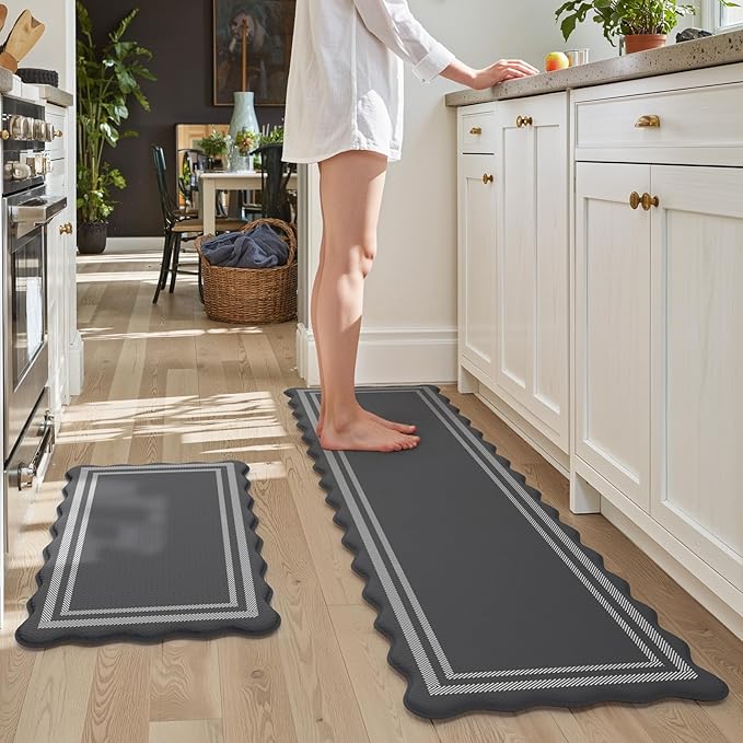 KIMODE Anti Fatigue Mats for Kitchen Floor 17"x59"+17"x29", Dark Grey Farmhouse Kitchen Rugs Sets of 2, Cushioned Kitchen Floor Mat Non Skid, Memory Foam Kitchen Mat for Laundry Office Sink Desk