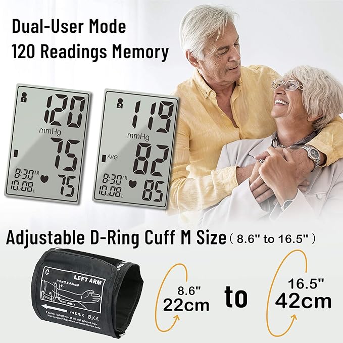LotFancy Blood Pressure Monitor, Automatic BP Gauge & Upper Arm Large Cuff(8.6"-16.5”) Kit, Digital BP Meter Accurate Tester Machine for Home Use, 2 User, with 120 Reading Memory, Large LCD Display