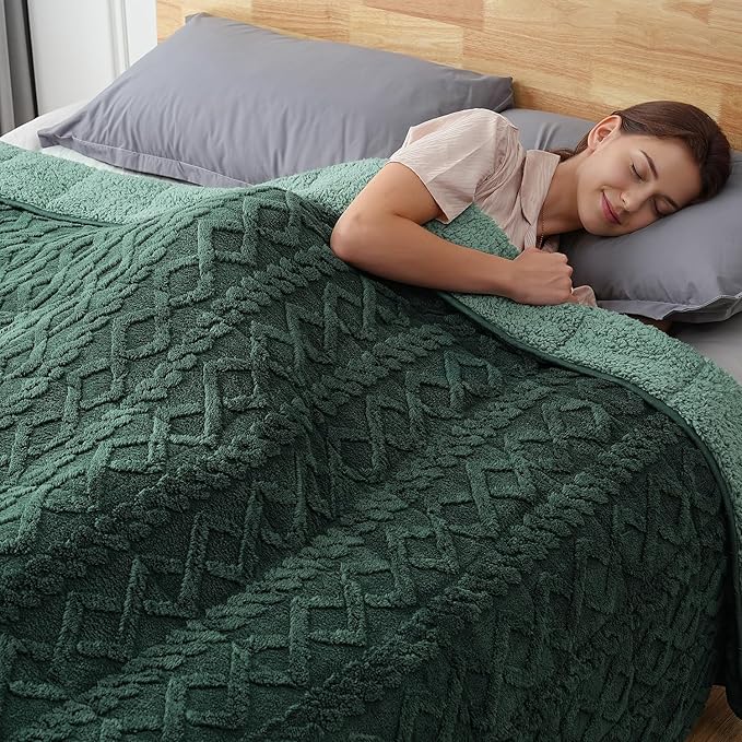 Sherpa Fleece Adult Weighted Blanket Great for Sleep, 15 lbs Dual Sided Soft Fuzzy Heavy Blankets for Couch Bed Sofa, Cozy Warm Fluffy Jacquard Throw for Winter (Green, 60" x 80", 15 Pounds)