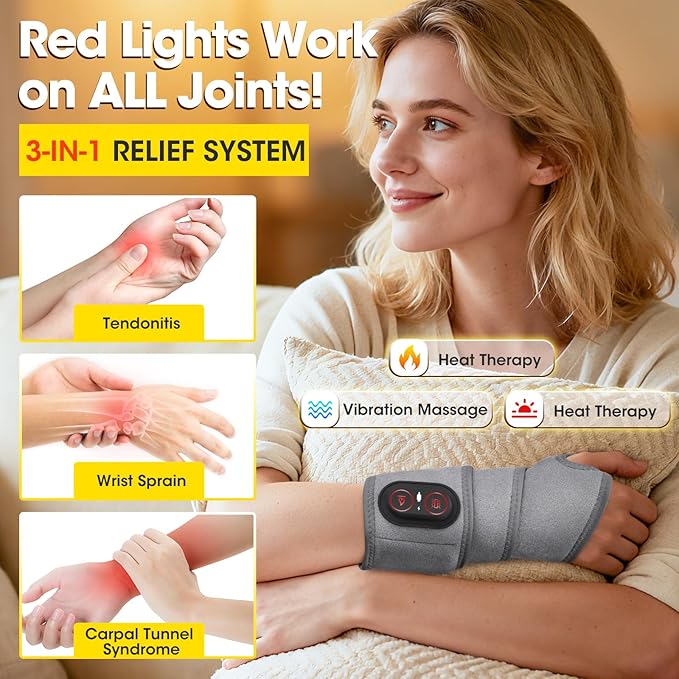 Cordless Wrist Heating Pad Wrap for Arthritis and Carpal Tunnel, Rechargeable Heated Wrap Pad Wrist Massager for Hand Pain Relief, Red Light Heated Therapy Brace for Wrist to Woman Man and Elder, Gray