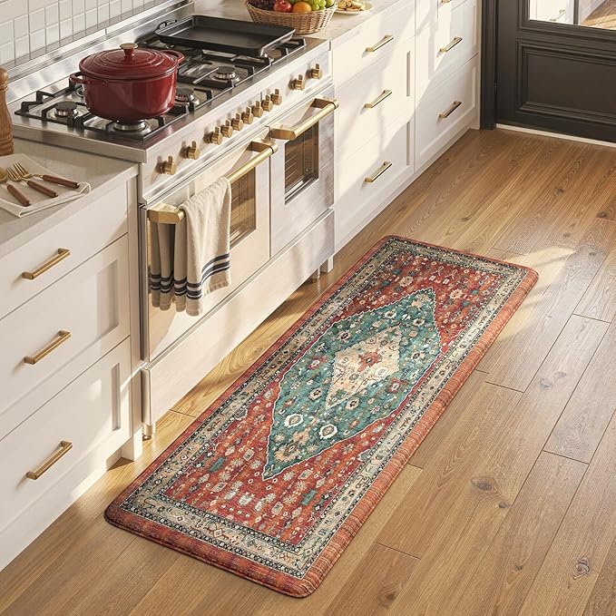 Collive Boho Cushioned Kitchen Mat, Comfort Anti Fatigue Mats for Kitchen Floor, Standing Desk Mat for Kitchen, Office, Laundry, Sink, 17”x47” Red Non-Skid Waterproof Kitchen Rugs