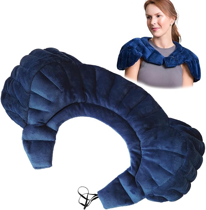 SunnyBay Heated Shoulder Wrap, Weighted Microwave Heating Pad for Neck and Shoulder Injury, Full Coverage Moist Hot Pack for Rotator Cuff Pain Relief, Elastic Fastening, Navy Blue