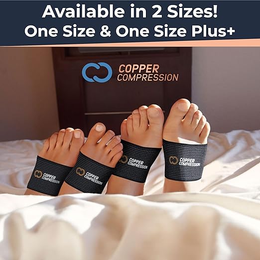 Copper Compression Large Sized Arch Support Sleeves. Targeted Compression for Plantar Fasciitis Symptoms, Pain, Flat Feet & High Arches. Breathable Support for Men & Women - Black