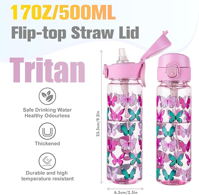 GOPPUS 17oz Kids Water Bottle for School -Straw, Leak-Proof Tritan Sports Bottle Time Marker Reusable for Girls Boys