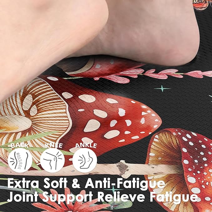 Arttown Black Anti-Fatigue Kitchen Rug Set of 2 Mushroom Floral Red Cushioned Floor Standing Mat Waterproof Non-Slip Mat and PVC Ergonomic Comfort Foam Rug