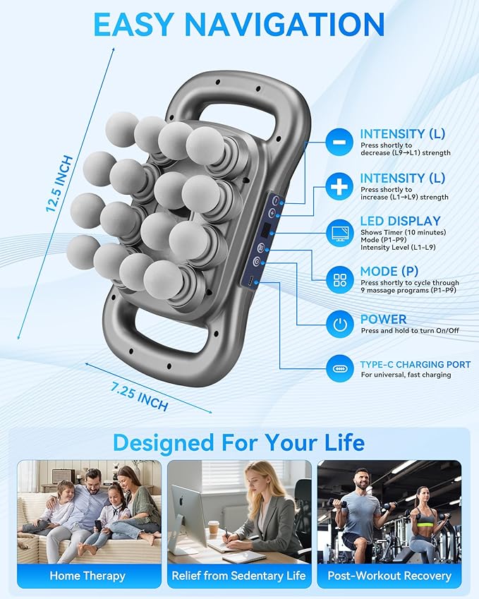 16-Head Massage Gun Set, Deep Tissue Percussion Massager with 9 Modes & 9 Intensities, Handheld Muscle Massager for Muscle Pain Relief in Back, Legs, Shoulders, Foot