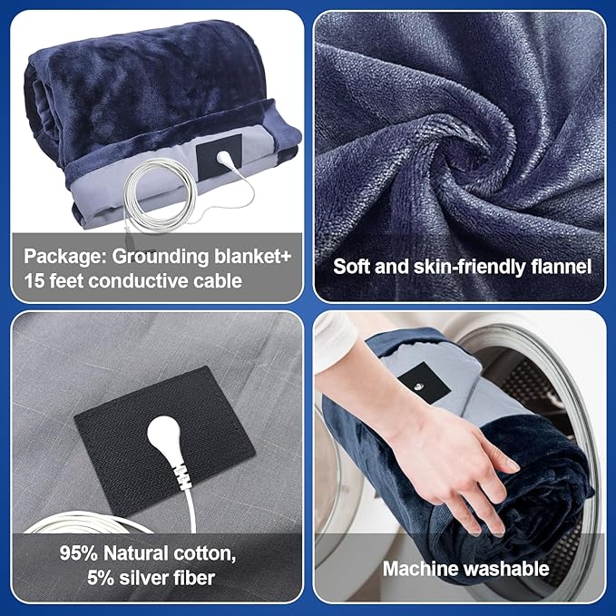 Grounding Blanket 79×55 inch Grounding Mat for Bed Grounding Sheet with Conductive Silver Fiber for Better Sleep, Pain Relief, Helps Anxiety Relief (Blue)