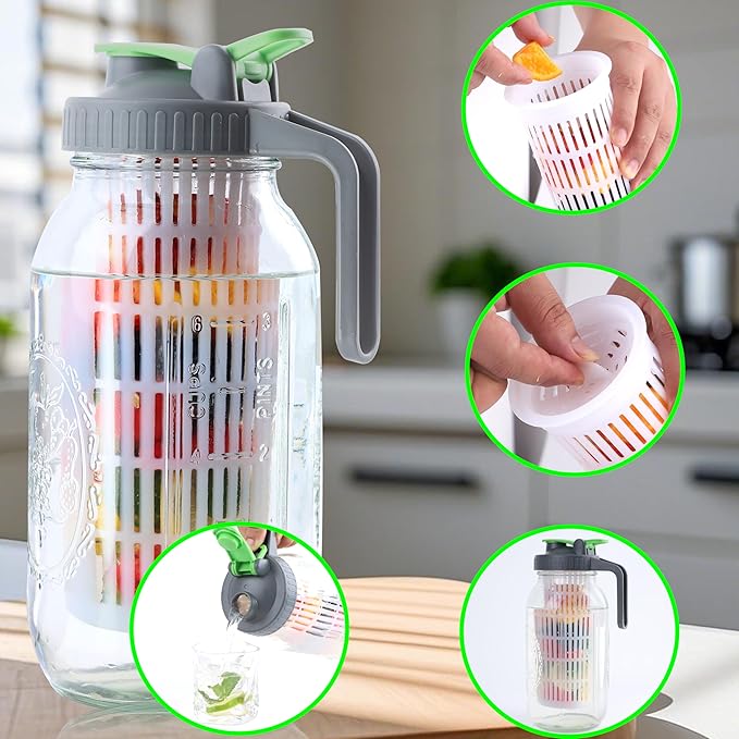 GMCOZY 2 Quart Glass Mason Jar Water Pitcher With Fruit Infuser 64 Oz Wide Mouth Infused Cold Hot Water Jug Carafe With Lid Half Gallon For Coffee Sun Tea Lemonade Juice Homemade Drinks Container