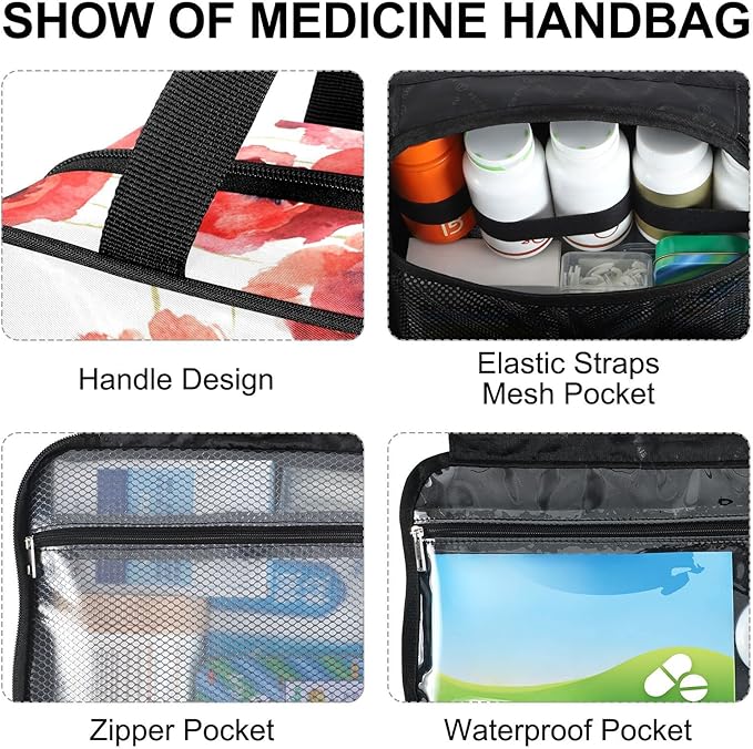 Naanle Pill Organizer Bag Travel Pill Bottle Medicine Organizer Home Storage Medication Bag for Vitamin Supplements, Watercolor Poppy Flower Empty First Aid Bag for Car Camping, 1.0 Count