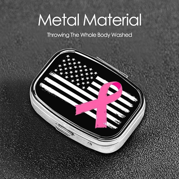 Breast Cancer Awareness Pink Ribbon American Flag Pill Box 2 Compartment Medicine Pill Case Portable Pill Box for Pocket or Purse Pill Box