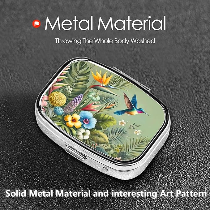 ABLESKY Pill Box, 2 Compartment Pill Organizer Case for Pocket or Purse, Small Portable Metal Travel Medicine Box with Mirror, Daily Vitamins Fish Oil Container-Natural Flowers Hummingbird
