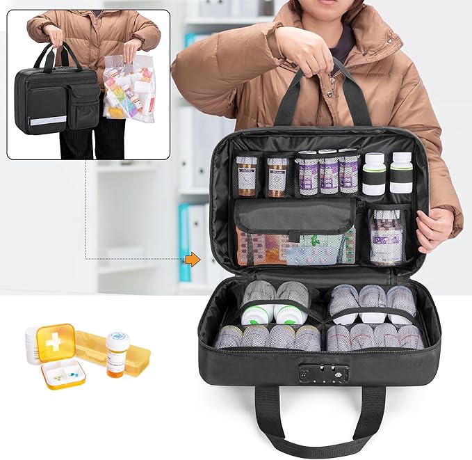 Damero Locking Pill Bottle Organizer, Medicine Storage Bag Medication Organizer Travel Carrying Case for Large Pill Bottles, Medications and Medical Supplies,Black