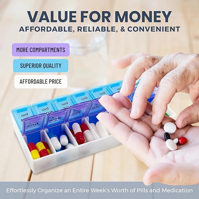 MEDca Pill Organizers - Small Pill Organizer with Weekly and Daily 2-Times-A-Day Compartments for AM/PM - BPA-Free, Portable and Travel Friendly Pill Boxes Case (2-Pack)